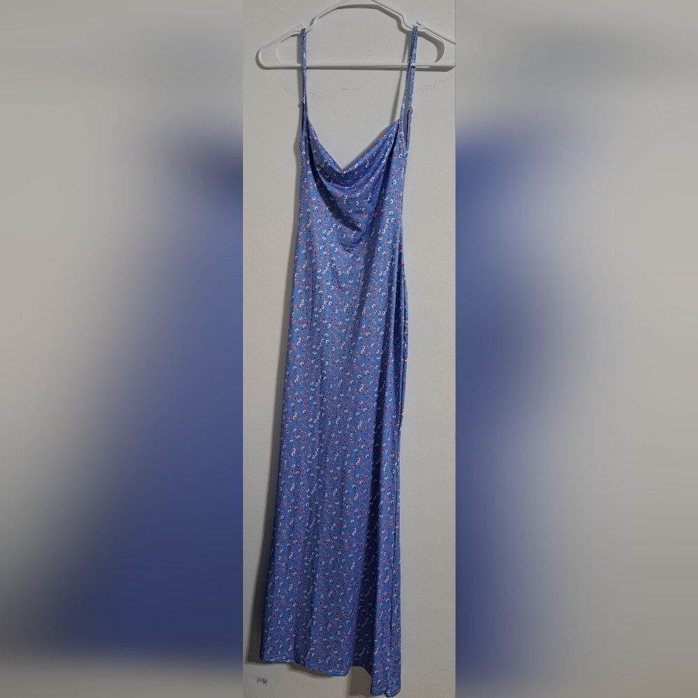 Long Elegant Blue Floral Backless  Dress Adjustable Straps